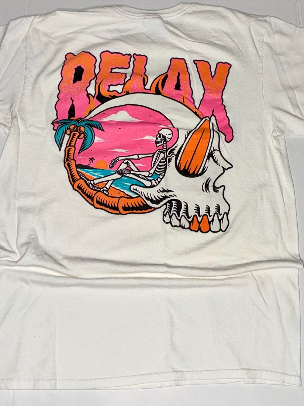 Relax Graphic Tee in White with Pink & Orange Beach Skull